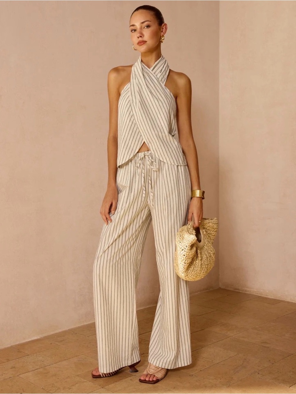 Commense Cream and Tan Striped Wide-Leg Jumpsuit